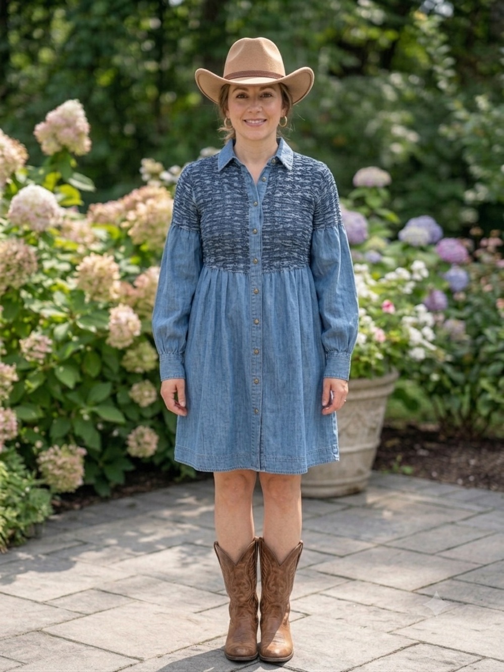 Free People  Denim Smocked Yoke Dress  NWOT